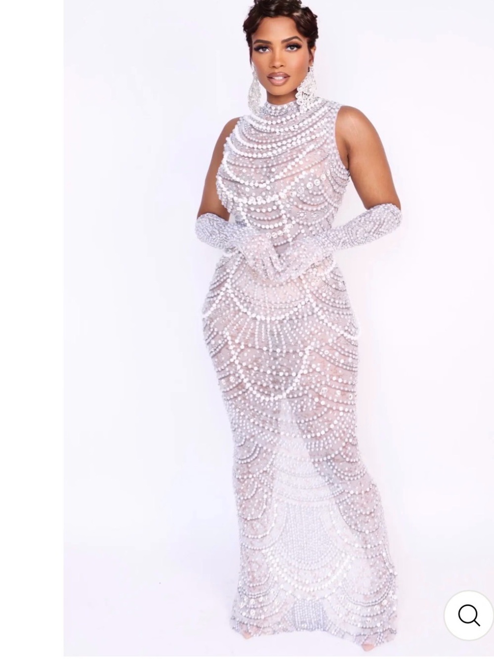 Stunning high quality Pearl-Embellished Nude Maxi Dress with Gloves